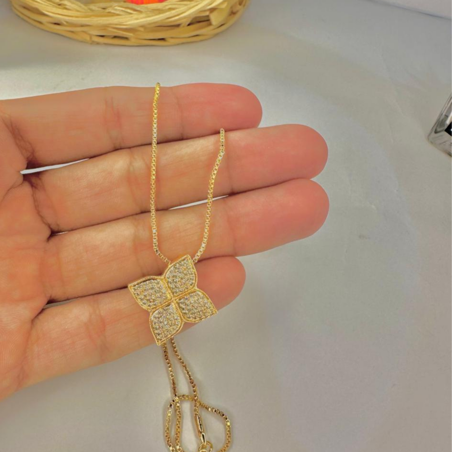 Golden Coloured Four-Leaf Flower Necklace and Earring Set