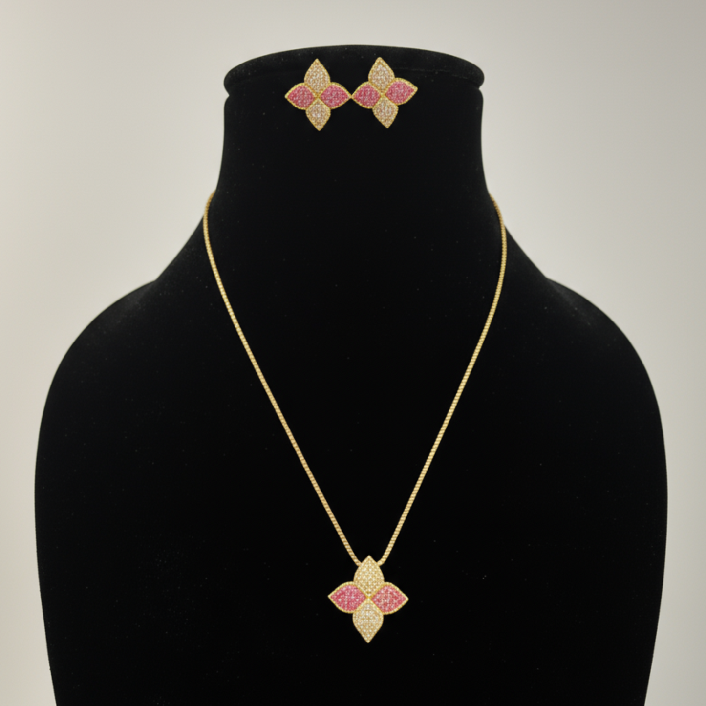 Pink and Gold Coloured Four-Leaf Flower Necklace and Earring Set