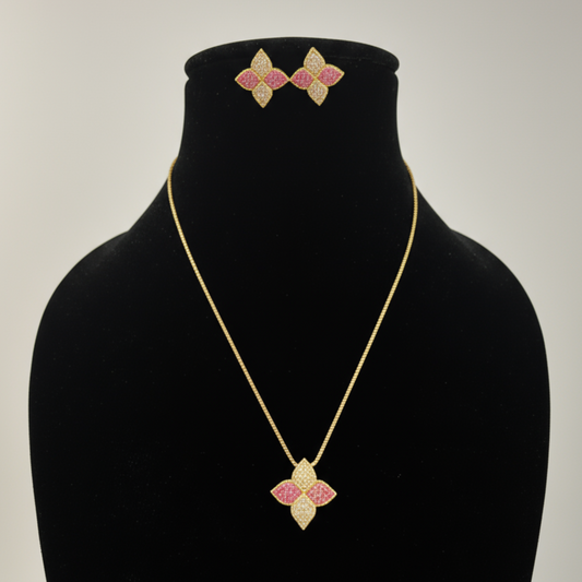Pink and Gold Coloured Four-Leaf Flower Necklace and Earring Set