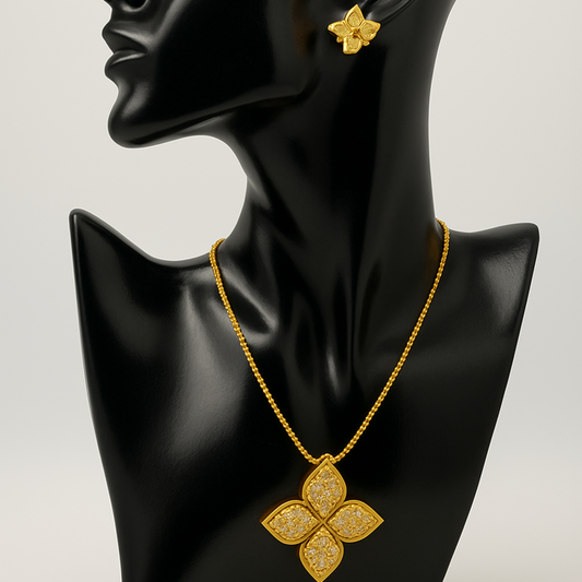 Golden Coloured Four-Leaf Flower Necklace and Earring Set