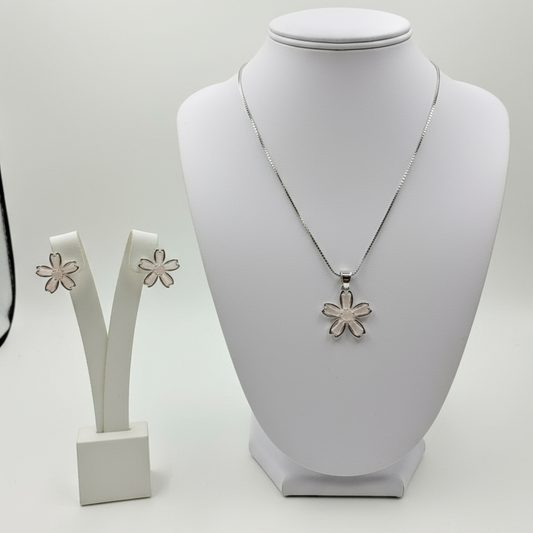Silver Purple Four Leaf Flower Necklace and Earring Set