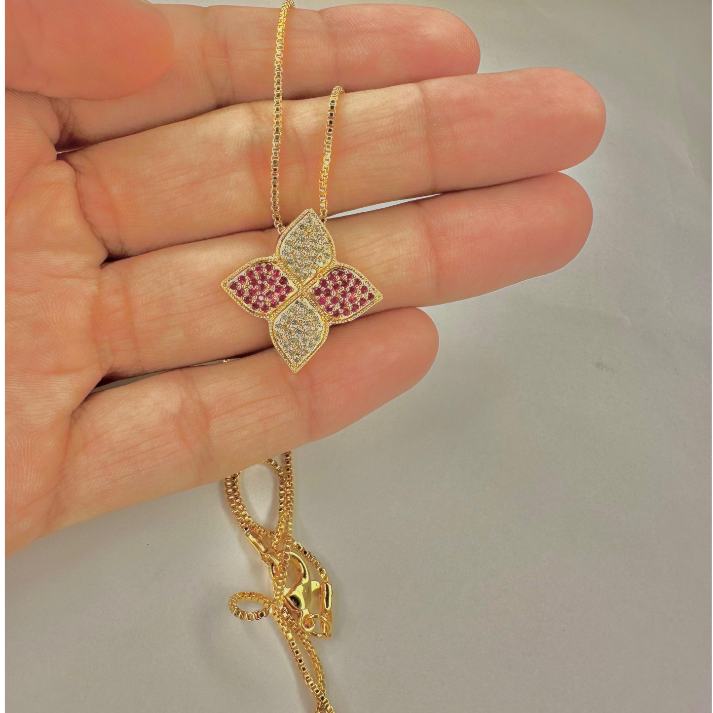 Pink and Gold Coloured Four-Leaf Flower Necklace and Earring Set