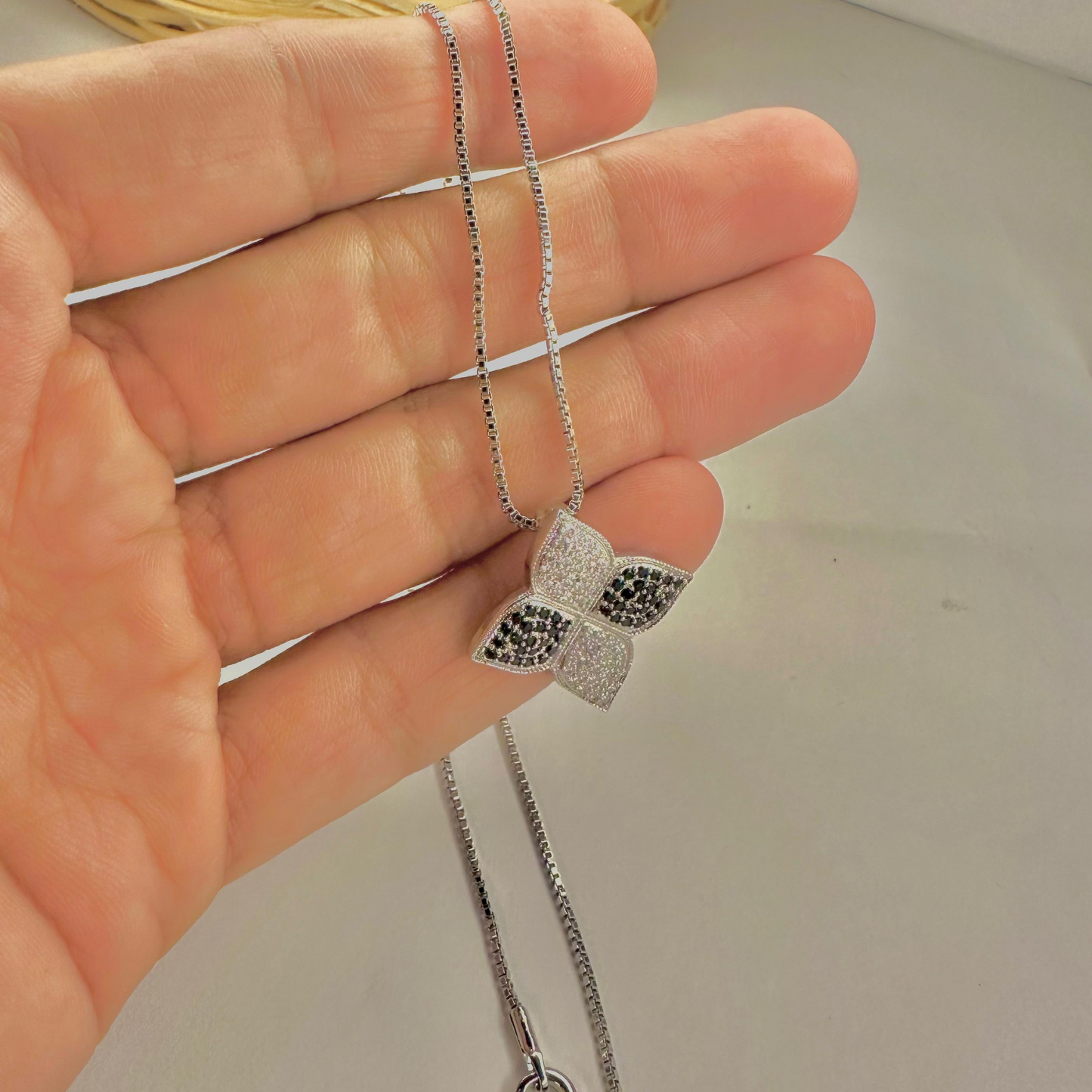 Silver Purple Four Leaf Flower Necklace and Earring Set