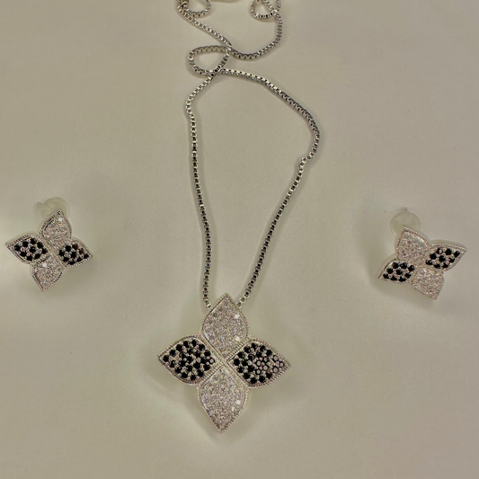 Black and Silver Four Leaf Flower Necklace and Earring Set