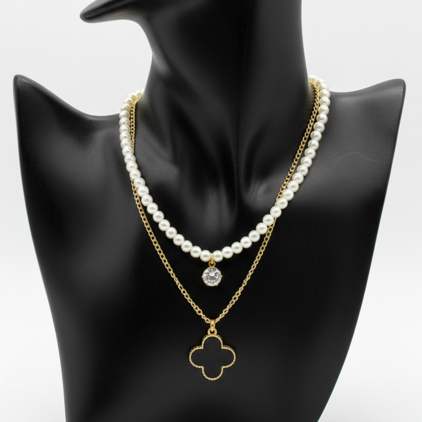 Layered Pearl Necklace with a Clover Pendant