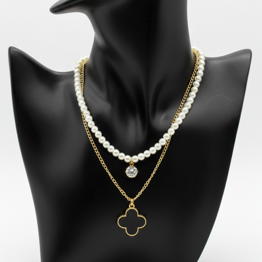 Layered Pearl Necklace with a Clover Pendant