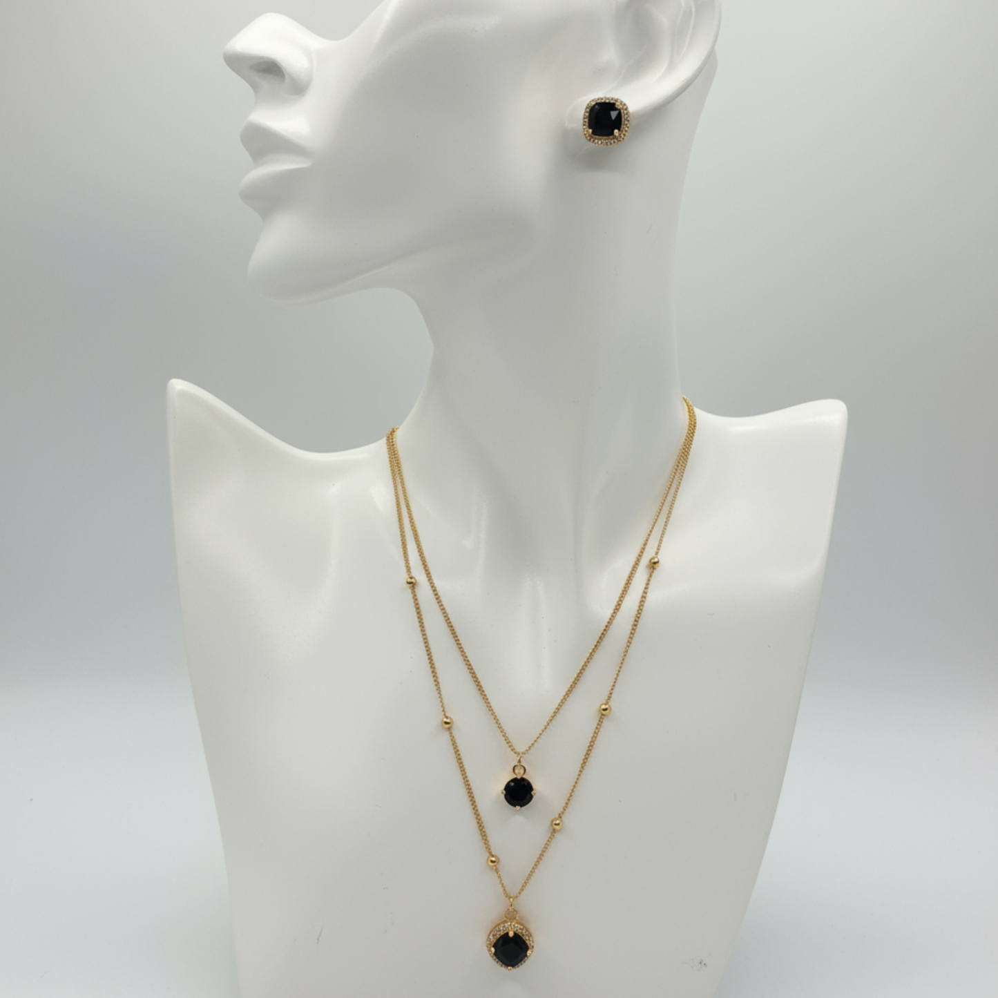 Black Stone Double Layer Necklace Set
