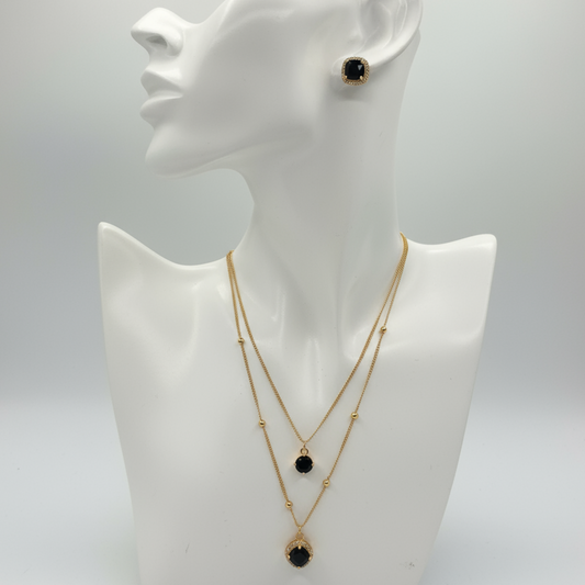 Black Stone Double Layer Necklace Set