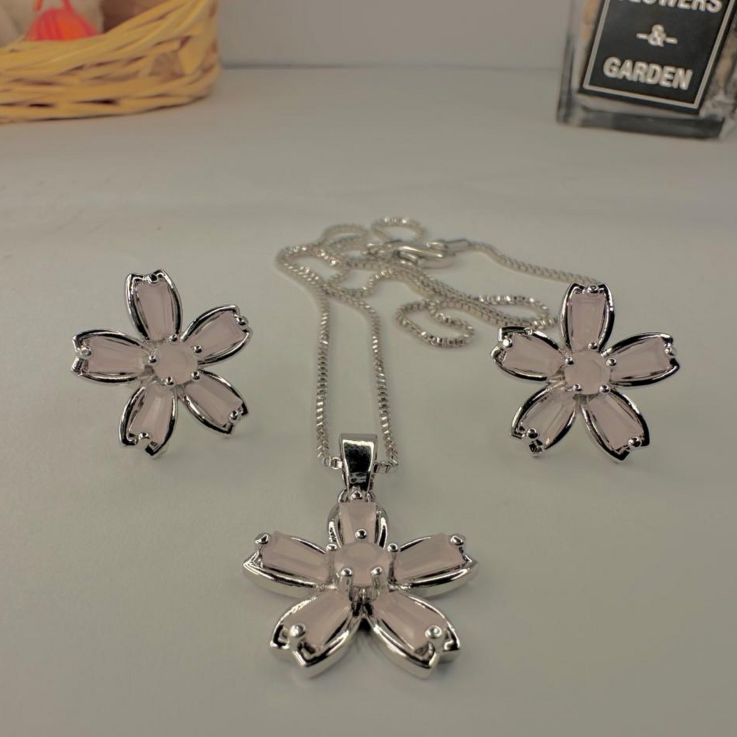 Silver Purple Four Leaf Flower Necklace and Earring Set
