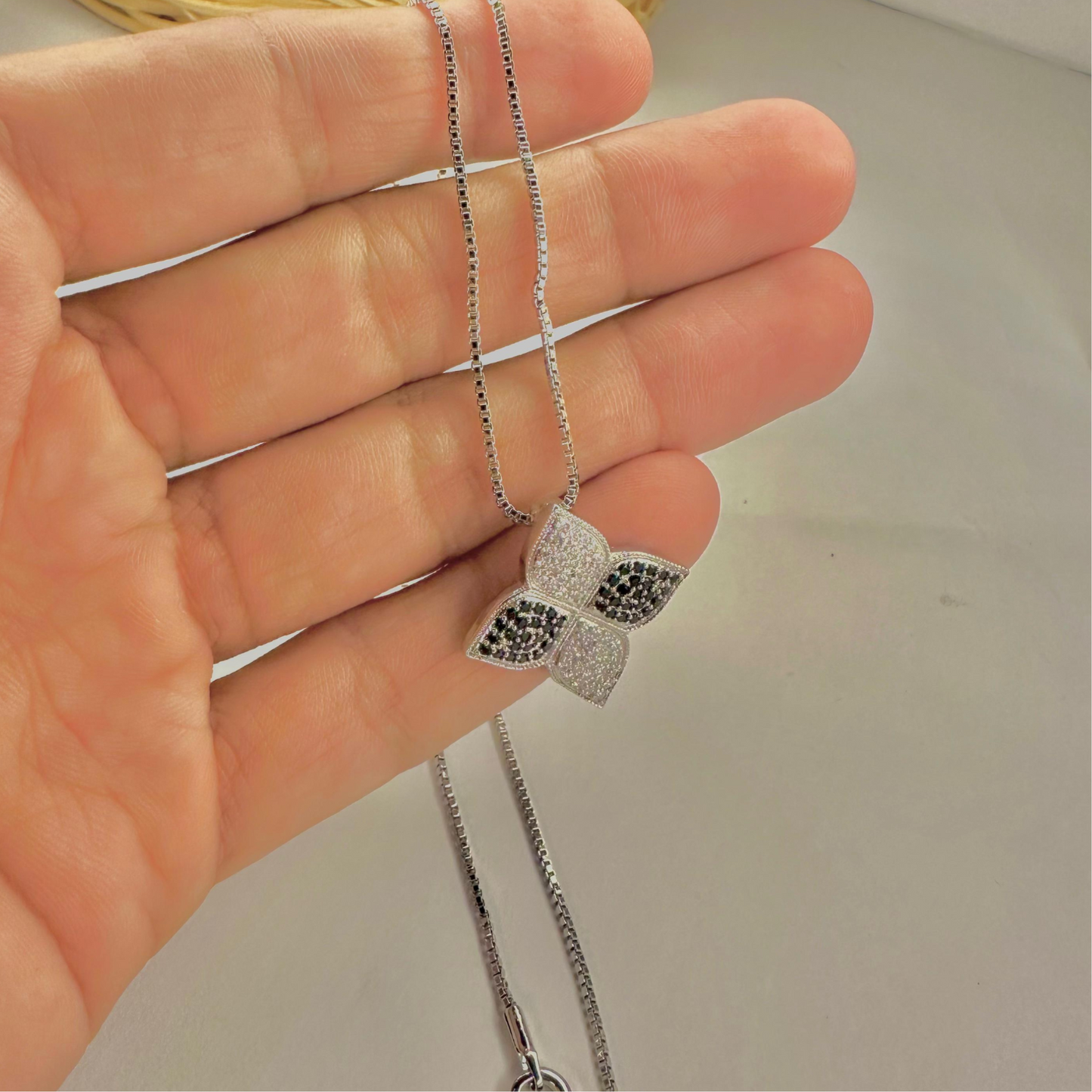 Black and Silver Four Leaf Flower Necklace and Earring Set