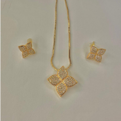 Golden Coloured Four-Leaf Flower Necklace and Earring Set