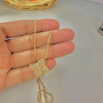 Golden Coloured Four-Leaf Flower Necklace and Earring Set
