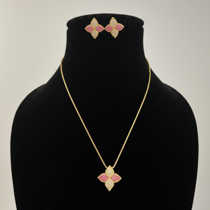 Pink and Gold Coloured Four-Leaf Flower Necklace and Earring Set