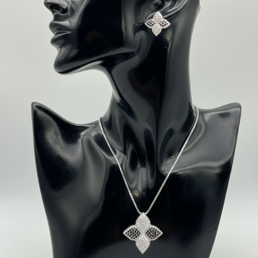 Black and Silver Four Leaf Flower Necklace and Earring Set