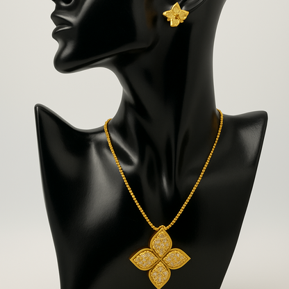 Golden Coloured Four-Leaf Flower Necklace and Earring Set