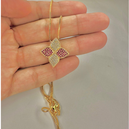 Pink and Gold Coloured Four-Leaf Flower Necklace and Earring Set